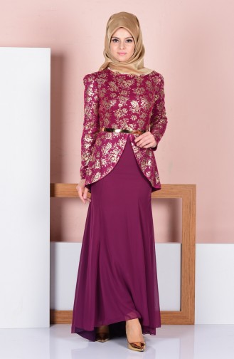 Kemerli Peplum Elbise 3015-01 Açık Mürdüm