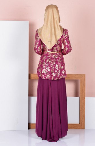 Kemerli Peplum Elbise 3015-01 Açık Mürdüm