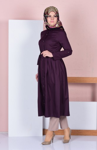Düğmeli Kemerli Uzun Tunik 1124-01 Mor