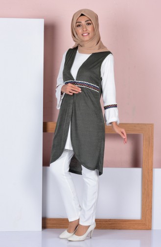 Nakışlı Tunik Yelek İkili Takım 0050-06 Haki Yeşil
