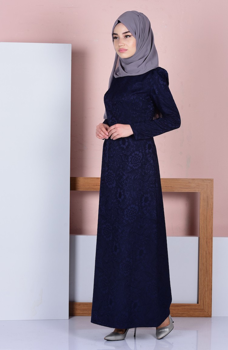 Jakarlı Elbise 7123-08 Lacivert | Sefamerve