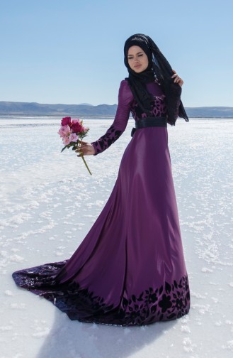 Plum Hijab Evening Dress 1099-03