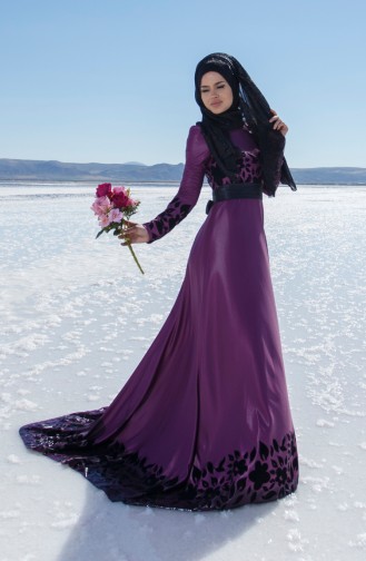 Robe de Soirée İmprimée 1099-03 Plum 1099-03