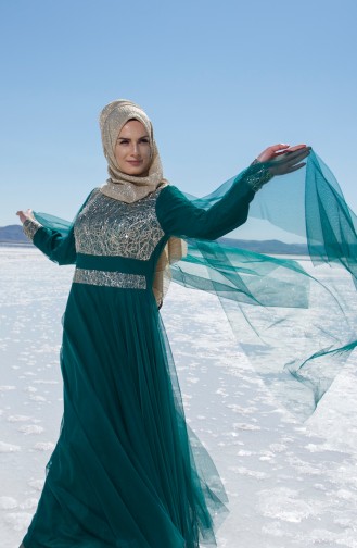Green Hijab Evening Dress 3036-07