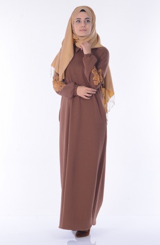 Nakış Detaylı Elbise 1449-01 Kahverengi