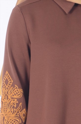 Nakış Detaylı Elbise 1449-01 Kahverengi