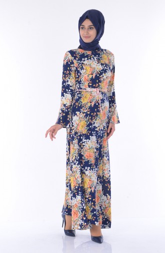 Çiçek Desenli Elbise 1233-09 Lacivert Sarı