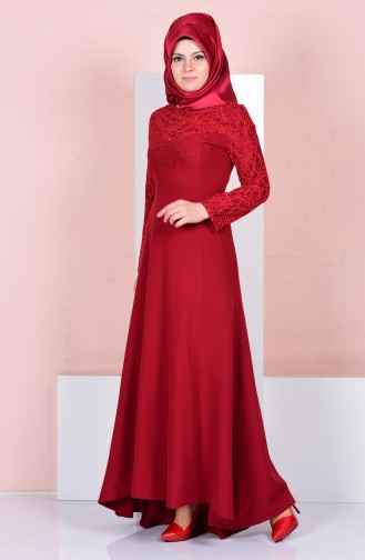 Claret Red Hijab Evening Dress 3017-03