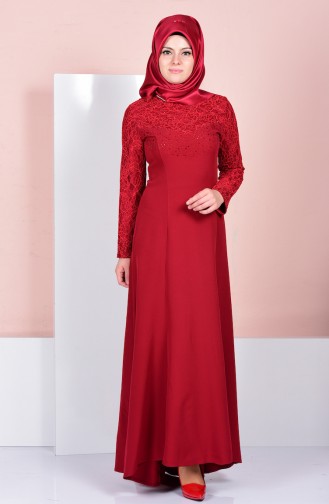 Claret Red Hijab Evening Dress 3017-03