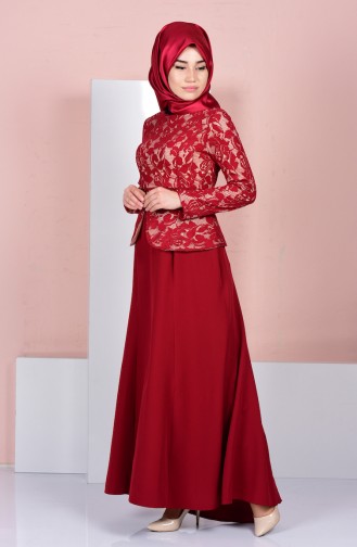 Claret Red Hijab Evening Dress 3018-04
