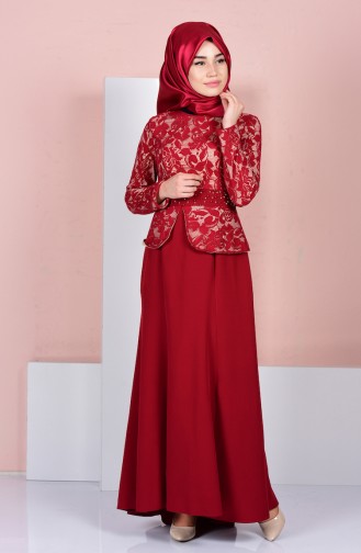 Robe de Soirée a Dentelle et Perle 3018-04 Bordeaux 3018-04