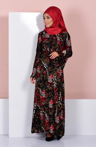 Desenli Kemerli Elbise 2100-02 Siyah Kırmızı