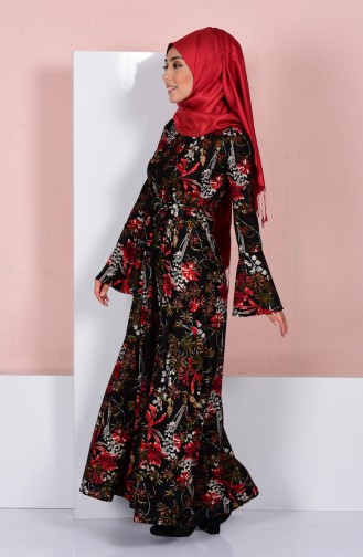 Desenli Kemerli Elbise 2100-02 Siyah Kırmızı