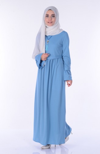 Kolyeli Büzgülü Elbise 6098-03 Mavi