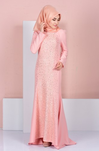 Salmon Hijab Evening Dress 3016-04