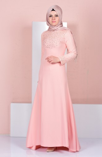 Salmon Hijab Evening Dress 3017-04