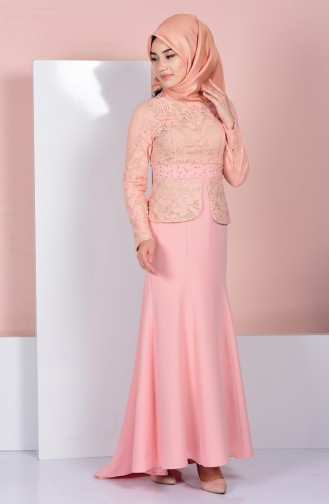 Robe de Soirée à Dentelle et Perles 3018-02 Saumon 3018-02