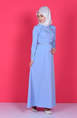 Taş Baskılı Kemerli Elbise 5011-01 Açık Mavi