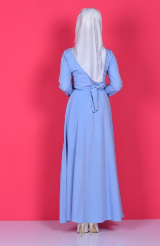 Taş Baskılı Kemerli Elbise 5011-01 Açık Mavi
