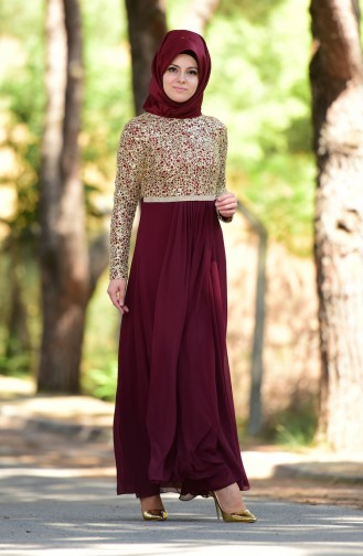 Claret Red Hijab Evening Dress 3094-02