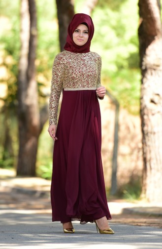 Taş Detaylı Şifon Elbise 3094-02 Bordo