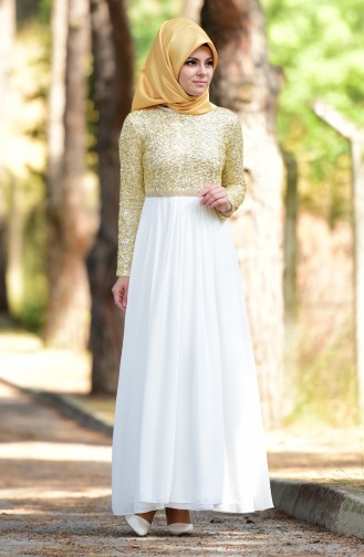 Ecru Hijab Evening Dress 3094-05