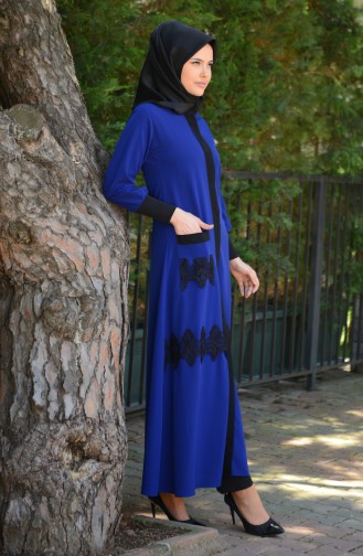 Abaya a Dentelle 7244-02 Bleu Roi Noir 7244-02