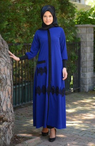 Abaya a Dentelle 7244-02 Bleu Roi Noir 7244-02
