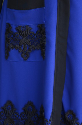 Abaya a Dentelle 7244-02 Bleu Roi Noir 7244-02