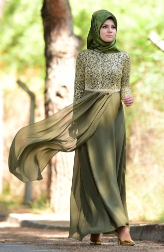 Büyük Beden Şifon Abiye Elbise 3094-07 Haki