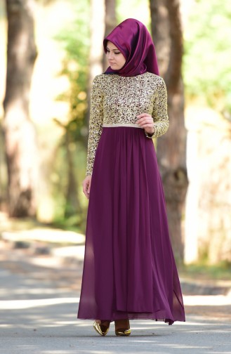 Plum Hijab Evening Dress 3094-07