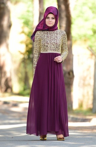 Plum Hijab Evening Dress 3094-07