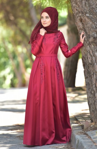 Claret Red Hijab Evening Dress 1092-04