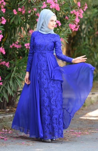 Saxe Hijab Evening Dress 1055-02