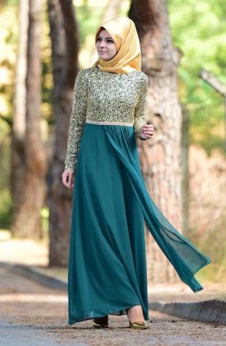 Green Hijab Evening Dress 3094-01