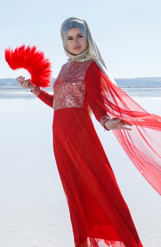 Red Hijab Evening Dress 3004-08