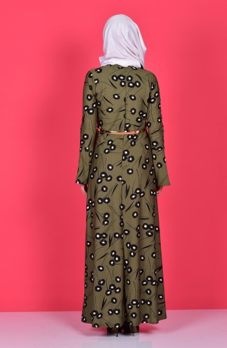 Çiçekli Düğmeli Elbise 0487-03 Haki Yeşil