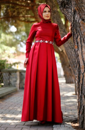 Claret Red Hijab Evening Dress 1004-05