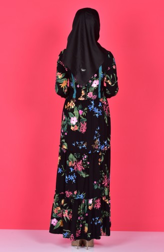 Desenli Lastikli Elbise 1466-01 Siyah