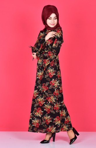 Otantik Desen Elbise 3057-01 Siyah Kırmızı