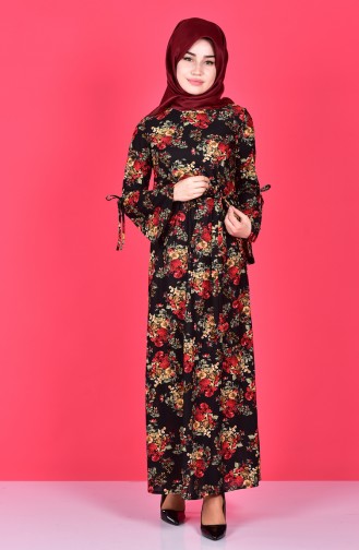 Otantik Desen Elbise 3057-01 Siyah Kırmızı