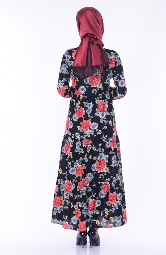Otantik Desen Elbise 3065-03 Siyah Kırmızı