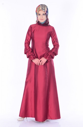 Claret Red Hijab Evening Dress 1081-01