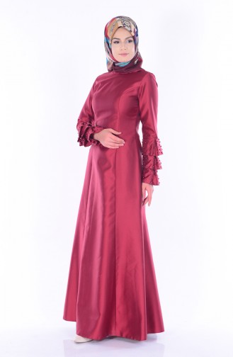 Robe de Soirée Detaillé de Perle 1081-01 Bordeaux 1081-01