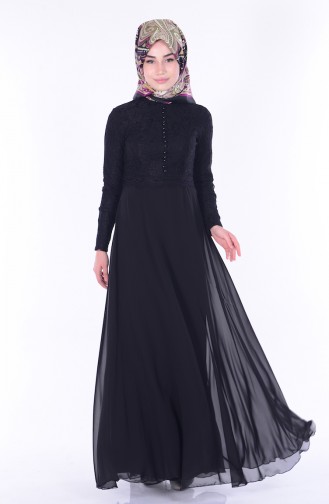 Dantelli Şifon Elbise 1056-01 Siyah