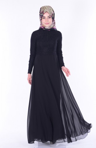 Chiffon Kleid mit Spitzen 1056-01 Schwarz 1056-01