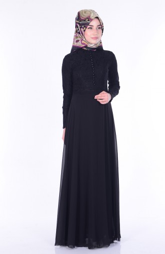 Chiffon Kleid mit Spitzen 1056-01 Schwarz 1056-01