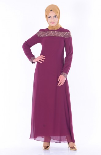 فستان لون كرزي  بتفاصيل لامعة 99015-07