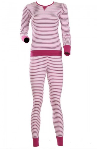Çizgili Pijama Takımı PSW01-01 Beyaz Fuşya
