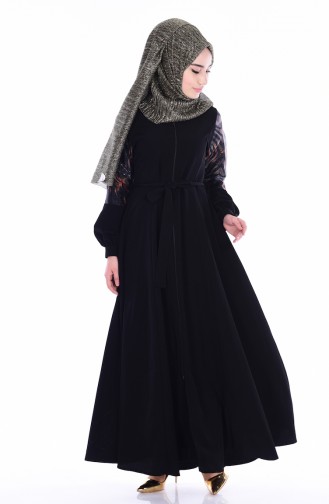 Abaya a Fermeture et Ceinture 7235-02 Noir Orange 7235-02